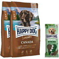 Produktbild von Happy Dog Sensible Canada Getreidefrei und Glutenfrei Hundefutter Doppelpack mit Dental Sticks zur Zahnpflege