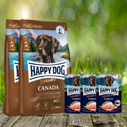 Happy Dog Sensible Canada und Sensible Pure Norway Hundefutter Set mit 2 x 11 kg und 3 x 400 g – Bild 1 von 1