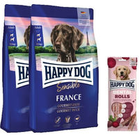 Produktbild von Happy Dog Sensible France Ente mit Dental Rolls Hundefutter Set glutenfrei