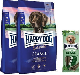 Produktbild von Happy Dog Sensible France Ente Monoprotein Hundefutter Doppelpack mit Dental Sticks zur Zahnpflege