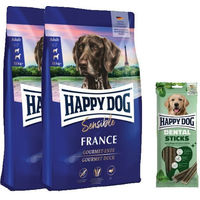 Produktbild von Happy Dog Sensible France Ente Monoprotein Hundefutter Doppelpack mit Dental Sticks zur Zahnpflege