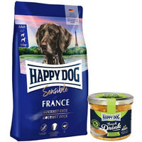 Produktbild von Happy Dog Sensible France Hundefutter Adult mit Ente und Huhn getreidefrei und glutenfrei 11 kg inkl. Snack Drink mit Hähnchenfleisch und Gemüse