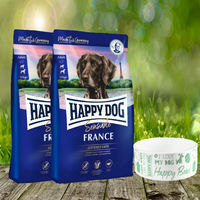 Produktbild von Happy Dog Sensible France Hundefutter Ente Adult Getreidefrei 2 x 11 kg mit Futternapf Blau