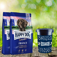 Produktbild von Happy Dog Sensible France Hundefutter Ente Adult Getreidefrei und Glutenfrei 2 x 11 kg mit Futtertonne 43 Liter