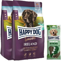 Produktbild von Happy Dog Sensible Ireland Lachs und Kaninchen Hundefutter Doppelpack mit Dental Sticks zur Zahnpflege 2x 1000g