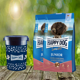 Happy Dog Sensible Junior Hundefutter Huhn Lachs Kartoffel Glutenfrei 2 x 10 kg plus Futtertonne 43 Liter – Bild 1 von 1