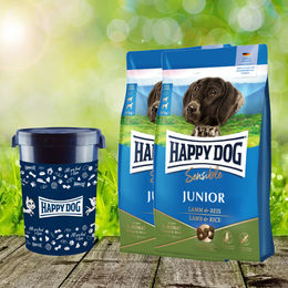 Happy Dog Sensible Junior Hundefutter Lamm und Reis 2 x 10 kg mit Futtertonne 43 Liter glutenfrei – Bild 1 von 1