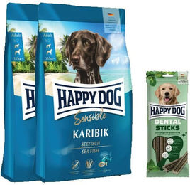Produktbild von Happy Dog Sensible Karibik Getreidefreies Hundefutter Doppelpack mit Dental Sticks zur Zahnpflege