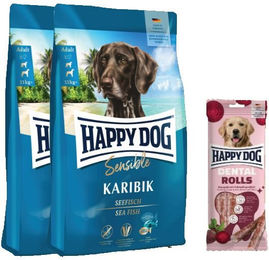 Produktbild von Happy Dog Sensible Karibik Getreidefreies Hundefutter mit Fisch und Dental Rolls zur Zahnpflege Doppelpack