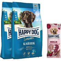 Produktbild von Happy Dog Sensible Karibik Getreidefreies Hundefutter mit Fisch und Dental Rolls zur Zahnpflege Doppelpack