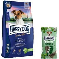 Produktbild von Happy Dog Sensible Mini France Trockenfutter und Dental Sticks Mini für kleine Hunde