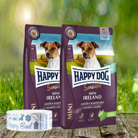Produktbild von Happy Dog Sensible Mini Ireland Hundefutter mit Lachs und Kaninchen für kleine Hunde Adult 2 x 4 kg inkl. Futternapf blau