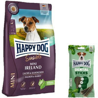 Produktbild von Happy Dog Sensible Mini Ireland mit Lachs und Kaninchen sowie Dental Sticks Mini Zahnpflege für kleine Hunde