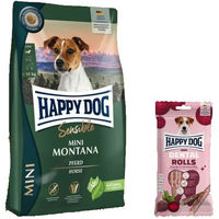 Produktbild von Happy Dog Sensible Mini Montana und Dental Rolls Mini für kleine Hunde glutenfrei und sensitive mit Zahnpflege