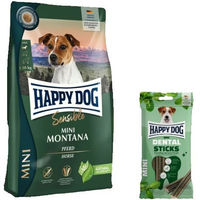 Produktbild von Happy Dog Sensible Mini Montana und Dental Sticks Mini für kleine Hunde mit Monoprotein zur Unterstützung der Verdauung und Zahnpflege