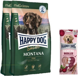 Happy Dog Sensible Montana Hundefutter Doppelpack und Dental Rolls Zahnpflege-Snacks für Hunde glutenfrei – Bild 1 von 1