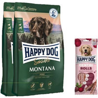 Produktbild von Happy Dog Sensible Montana Hundefutter Doppelpack und Dental Rolls Zahnpflege-Snacks für Hunde glutenfrei