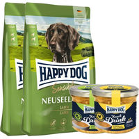 Produktbild von Happy Dog Sensible Neuseeland Hundefutter Adult Lamm und Miesmuschel mit 2 Happy Dog Snack Drinks