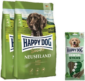 Produktbild von Happy Dog Sensible Neuseeland Lamm Hundefutter Doppelpack mit Dental Sticks zur Zahnpflege
