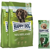 Produktbild von Happy Dog Sensible Neuseeland Lamm Hundefutter Doppelpack mit Dental Sticks zur Zahnpflege