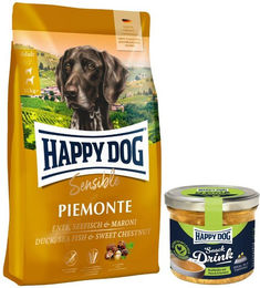 Happy Dog Sensible Piemonte Hundefutter Adult 10 kg mit Ente und Fisch sowie Happy Dog Snack Drink Nasssnack Hähnchenfleisch und Gemüse getreidefrei und glutenfrei – Bild 1 von 2