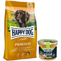 Produktbild von Happy Dog Sensible Piemonte Hundefutter Adult 10 kg mit Ente und Fisch sowie Happy Dog Snack Drink Nasssnack Hähnchenfleisch und Gemüse getreidefrei und glutenfrei