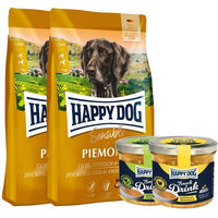 Produktbild von Happy Dog Sensible Piemonte Hundefutter Adult Ente und Fisch Glutenfrei 2 x 10 kg mit Happy Dog Snack Drinks