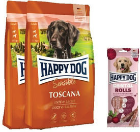 Produktbild von Happy Dog Sensible Toscana Doppelpack und Dental Rolls Hundefutter Set