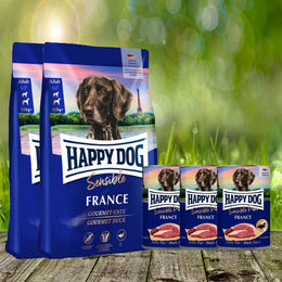 Happy Dog Supreme France Ente Kartoffel und Sensible Pure France Getreidefrei Hundefutter Adult 2 x 11 kg und 3 x 400 g – Bild 1 von 1