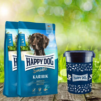 Produktbild von Happy Dog Supreme Karibik Hundefutter Adult Meeresfisch Getreidefrei und Glutenfrei 2 x 11 kg mit Futtertonne 43 Liter