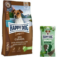Produktbild von Happy Dog Supreme Mini Canada und Dental Sticks Mini Getreidefreies Hundefutter für kleine erwachsene Hunde zur Zahnpflege