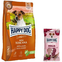 Produktbild von Happy Dog Supreme Mini Toscana und Dental Rolls Mini Zahnpflege-Snack für kleine Hunde mit Ente und Lachs glutenfrei