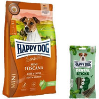 Produktbild von Happy Dog Supreme Mini Toscana und Dental Sticks Mini für kleine Hunde