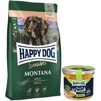 Produktbild von Happy Dog Supreme Montana Getreidefrei Hundefutter für mittlere und große Rassen Adult 10 kg mit Happy Dog Snack Drink Hähnchen und Gemüse