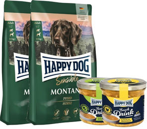 Happy Dog Supreme Montana Hundefutter Adult für mittlere und große Rassen mit Pferd und Huhn getreidefrei 2 x 10 kg plus Happy Dog Snack Drink mit Hähnchenfleisch – Bild 1 von 2