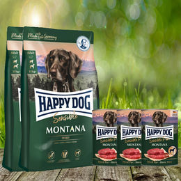 Happy Dog Supreme Montana Hundefutter Set bestehend aus 2 x 10 kg und Happy Dog Sensible Pure Montana 3 x 400 g – Bild 1 von 1
