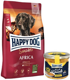 Happy Dog Supreme Sensible Africa Getreidefrei Hundefutter mit Strauß 12,5 kg und Happy Dog Snack Drink mit Hähnchenfleisch – Bild 1 von 2