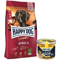 Produktbild von Happy Dog Supreme Sensible Africa Getreidefrei Hundefutter mit Strauß 12,5 kg und Happy Dog Snack Drink mit Hähnchenfleisch