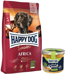 Happy Dog Supreme Sensible Africa Hundefutter Adult mit Strauß und Huhn glutenfrei 12,5 kg plus Happy Dog Snack Drink mit Hähnchenfleisch und Gemüse – Bild 1 von 2