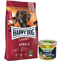 Produktbild von Happy Dog Supreme Sensible Africa Hundefutter Adult mit Strauß und Huhn glutenfrei 12,5 kg plus Happy Dog Snack Drink mit Hähnchenfleisch und Gemüse
