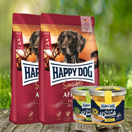 Happy Dog Supreme Sensible Africa Hundefutter Strauß Getreidefrei Glutenfrei 2 x 12,5 kg mit Snack Drinks – Bild 1 von 2