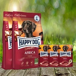 Happy Dog Supreme Sensible Africa und Sensible Pure Africa Hundefutter mit Strauß getreidefrei und glutenfrei 2 x 12,5 kg und 3 x 400 g – Bild 1 von 1
