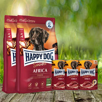 Produktbild von Happy Dog Supreme Sensible Africa und Sensible Pure Africa Hundefutter mit Strauß getreidefrei und glutenfrei 2 x 12,5 kg und 3 x 400 g
