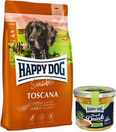 Happy Dog Supreme Sensible Hundefutter Adult mit Ente Lachs oder Lamm 12,5 kg und Snack Drink mit Hähnchenfleisch und Gemüse – Bild 1 von 2