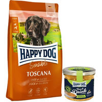Produktbild von Happy Dog Supreme Sensible Hundefutter Adult mit Ente Lachs oder Lamm 12,5 kg und Snack Drink mit Hähnchenfleisch und Gemüse