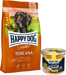 Happy Dog Supreme Sensible Hundefutter Adult mit Ente Lachs und Lamm 12,5 kg und Snack Drink mit Hähnchenfleisch – Bild 1 von 2