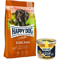Produktbild von Happy Dog Supreme Sensible Hundefutter Adult mit Ente Lachs und Lamm 12,5 kg und Snack Drink mit Hähnchenfleisch