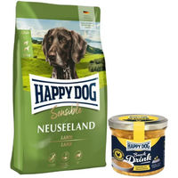 Produktbild von Happy Dog Supreme Sensible Neuseeland Hundefutter Lamm und Miesmuschel 12,5 kg mit Happy Dog Snack Drink Hähnchenfleisch