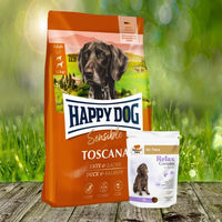 Produktbild von Happy Dog Supreme Sensible Toscana Hundetrockenfutter Ente Lachs Adult 4 kg und Doppelherz Relax Complex Nahrungsergänzung zur Beruhigung 30 Chews
