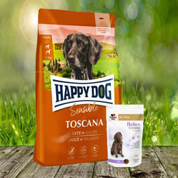Happy Dog Supreme Sensible Toscana Trockenfutter Ente Lachs Adult 12,5 kg und Doppelherz Relax Complex 60 Chews Nahrungsergänzung zur Beruhigung – Bild 1 von 1